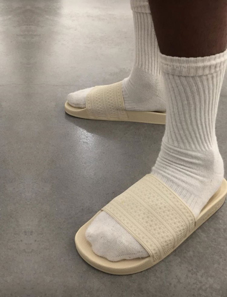 Adidas Yeezy Adilette White On Feet.